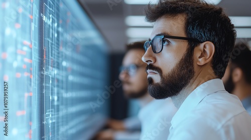 A group of men look intently at a large screen displaying data.