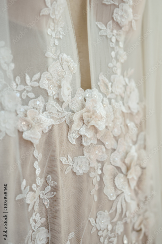 beaded and ruffled floral lace on wedding gown beaded and ruffled floral lace on wedding gown