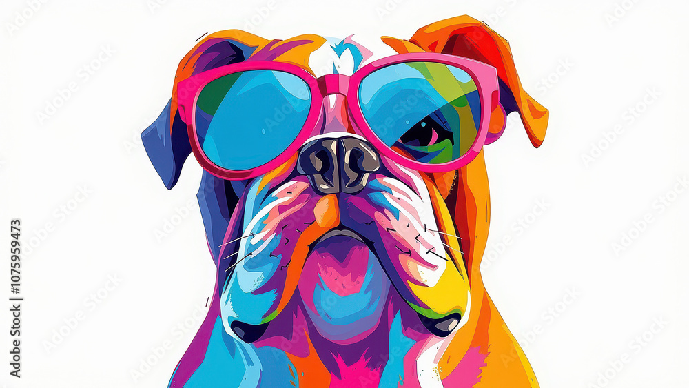 Fototapeta premium Cartoon colorful dog with sunglasses on white background. Bulldog. Created with generative ai