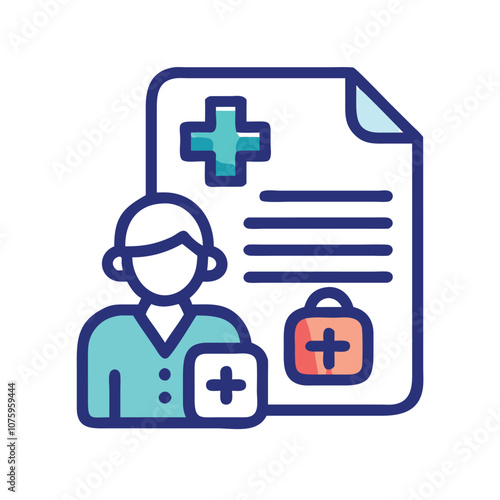 Medical report icon with doctor and first aid kit, Vector illustration of a medical report featuring a doctor figure, a cross symbol, and a first aid kit, representing healthcare documentation and pat