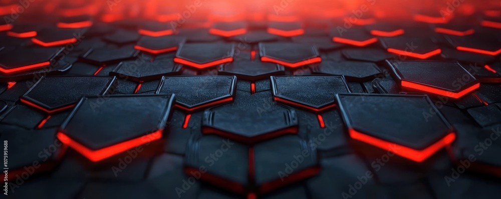 Fototapeta premium A textured surface features hexagonal shapes illuminated by red light, creating a modern and futuristic aesthetic.