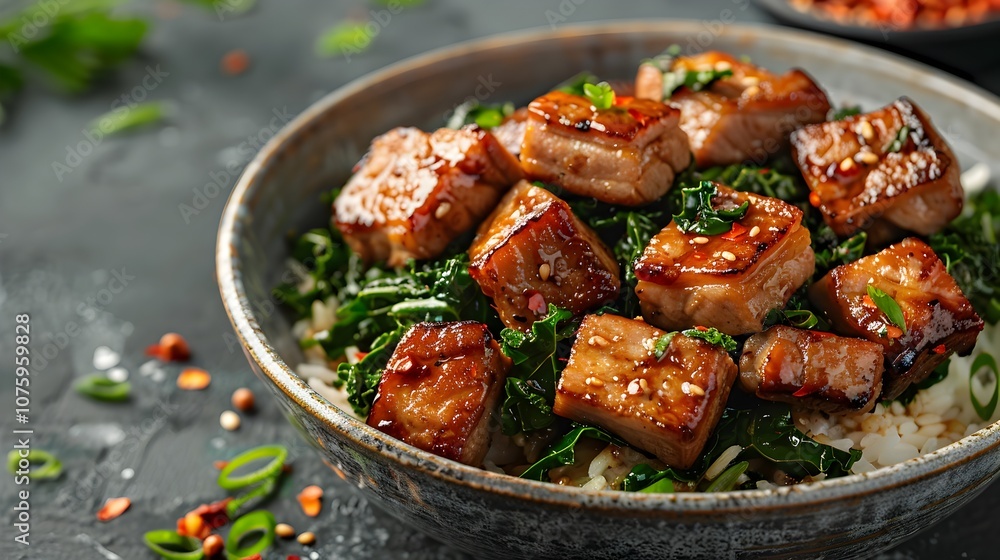 Crispy Pork Belly Stir Fried with Fresh Chinese Kale and Savory Sauce over Steamed Rice Crispy Pork Belly Stir Fried with Fresh Chinese Kale and Savory Sauce over Steamed Rice