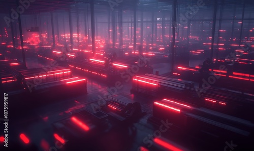 A futuristic scene illuminated by red lights, showcasing rows of technology in a misty environment, creating a mysterious and immersive atmosphere.