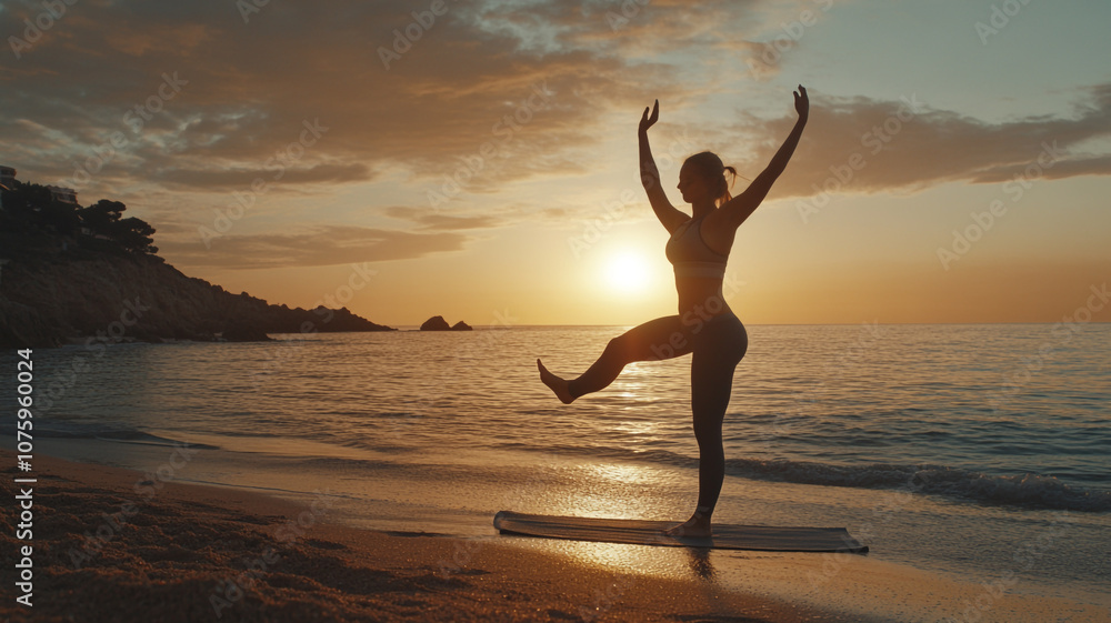 Sunset yoga practice on the beach with tranquil waves and a serene atmosphere Sunset yoga practice on the beach with tranquil waves and a serene atmosphere
