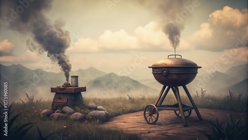 A Rustic Grill and a Chimney in a Foggy Meadow