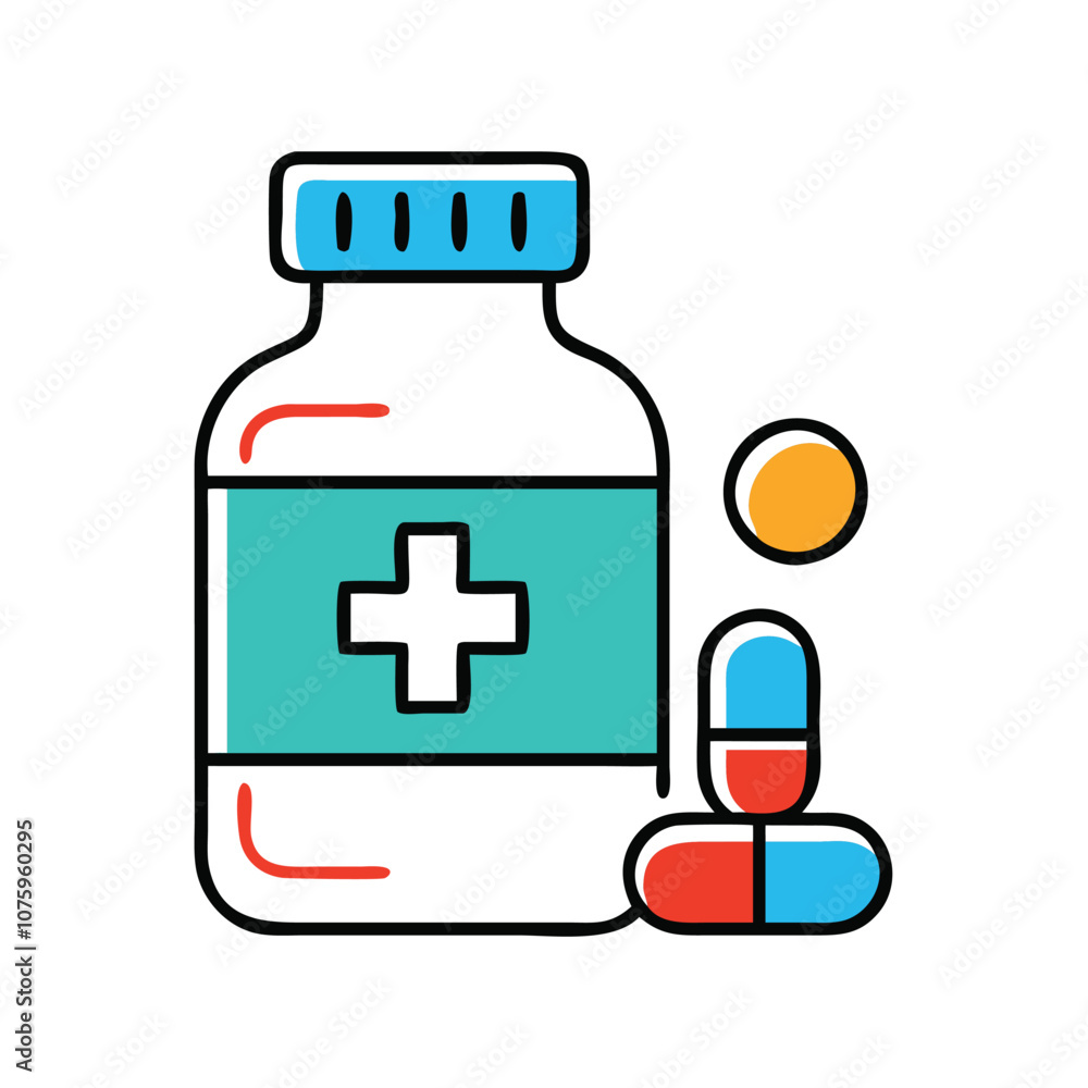 Medicine bottle icon with pills, symbolizing pharmaceutical products and healthcare. Medicine bottle icon with pills, symbolizing pharmaceutical products and healthcare.