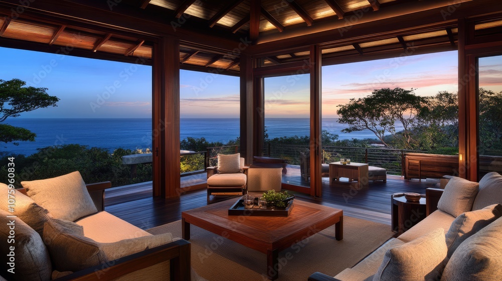 Fototapeta premium Luxurious Coastal Living Room Overlooking Serene Ocean at Dusk with Elegant Furniture and Stunning Views of Nature's Beauty