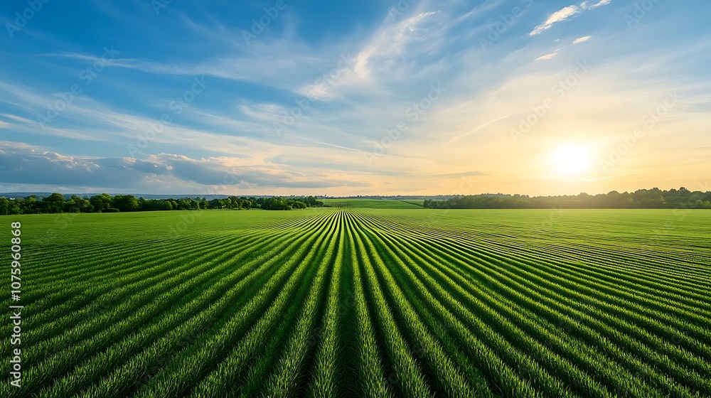 A picturesque landscape featuring lush green fields stretching towards a clear blue sky, illuminated by the warm glow of the rising sun. A picturesque landscape featuring lush green fields stretching towards a clear blue sky, illuminated by the warm glow of the rising sun.