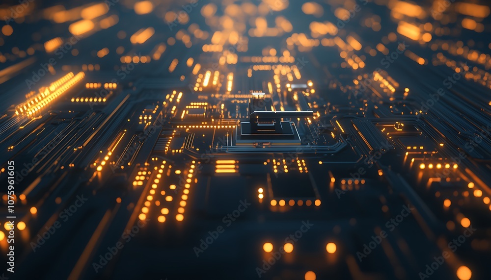 A close-up view of an illuminated circuit board, showcasing intricate patterns and glowing components in a technology-themed environment. A close-up view of an illuminated circuit board, showcasing intricate patterns and glowing components in a technology-themed environment.