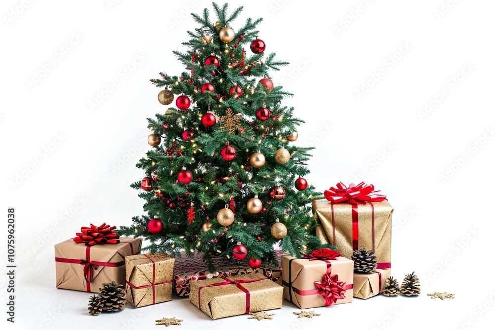 Composition with Christmas tree and gifts isolated on a white background Composition with Christmas tree and gifts isolated on a white background