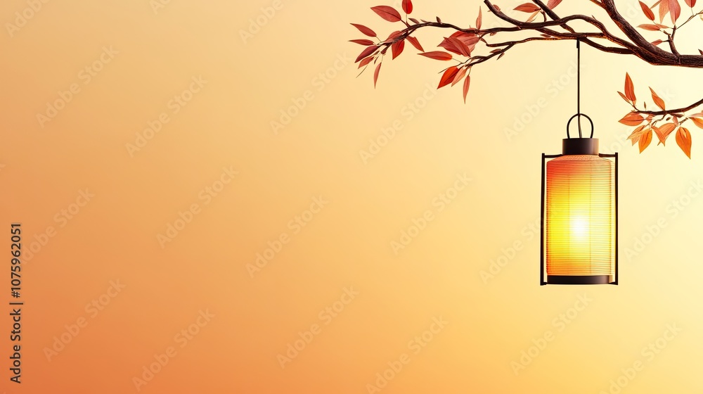 Beautiful lantern hanging from a branch with vibrant autumn leaves against a warm gradient background, perfect for seasonal themes and cozy atmospheres. Beautiful lantern hanging from a branch with vibrant autumn leaves against a warm gradient background, perfect for seasonal themes and cozy atmospheres.