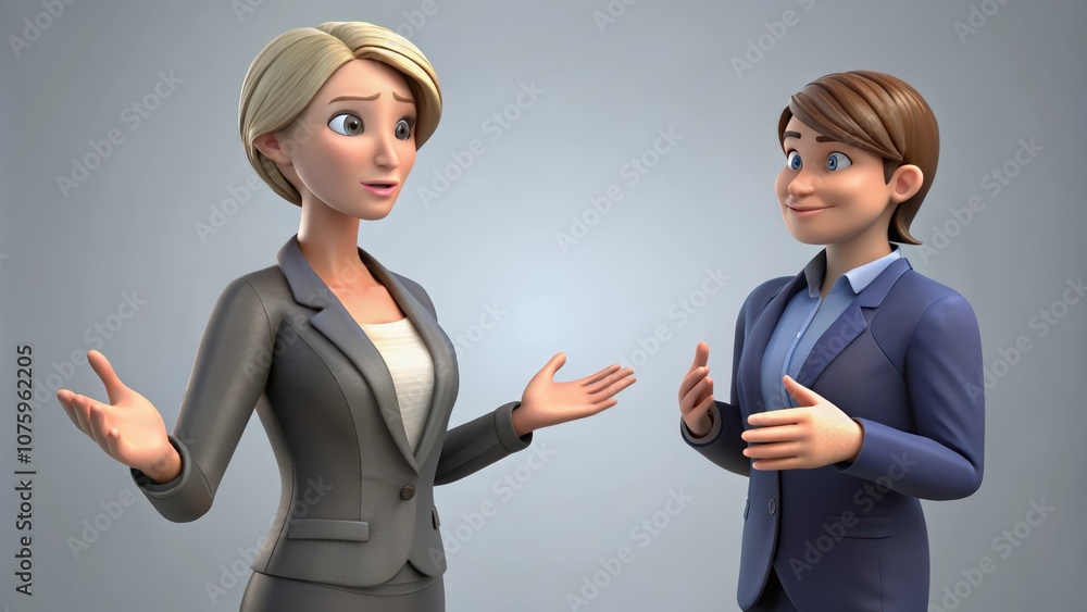 Two 3D Animated Characters In Business Suits Having a Discussion Two 3D Animated Characters In Business Suits Having a Discussion