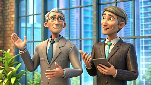 Two Cartoon Businessmen in Suits Talking by a Window