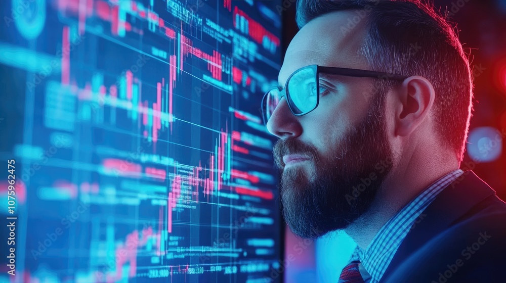 Focused Businessman Analyzing Stock Market Trends on a Digital Screen with Colorful Data Visualization in a Modern Office Setting Focused Businessman Analyzing Stock Market Trends on a Digital Screen with Colorful Data Visualization in a Modern Office Setting