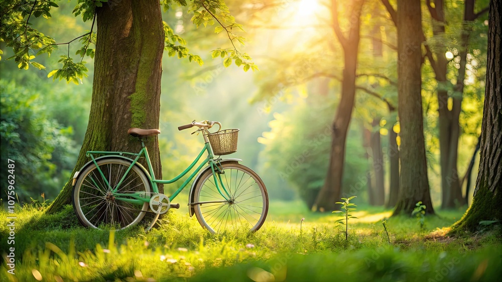 Fototapeta premium A delightful light green vintage bicycle rests amid a serene forest, showcased through tilt-shift photography, ideal for nature lovers and those with a passion for adventure.