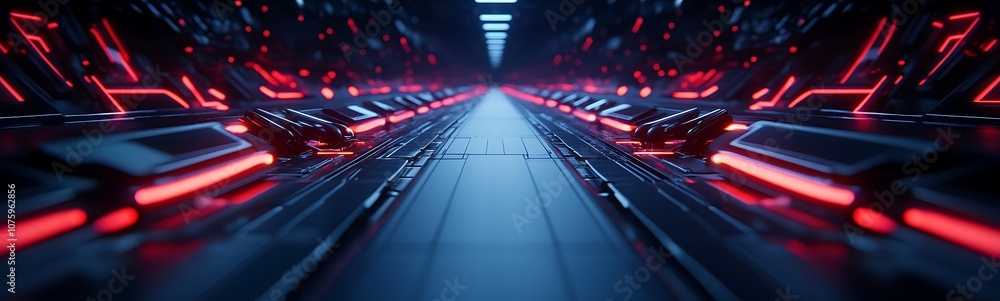 A futuristic corridor with glowing red accents leads into the distance, creating a sci-fi vibe with a sleek, high-tech aesthetic. A futuristic corridor with glowing red accents leads into the distance, creating a sci-fi vibe with a sleek, high-tech aesthetic.