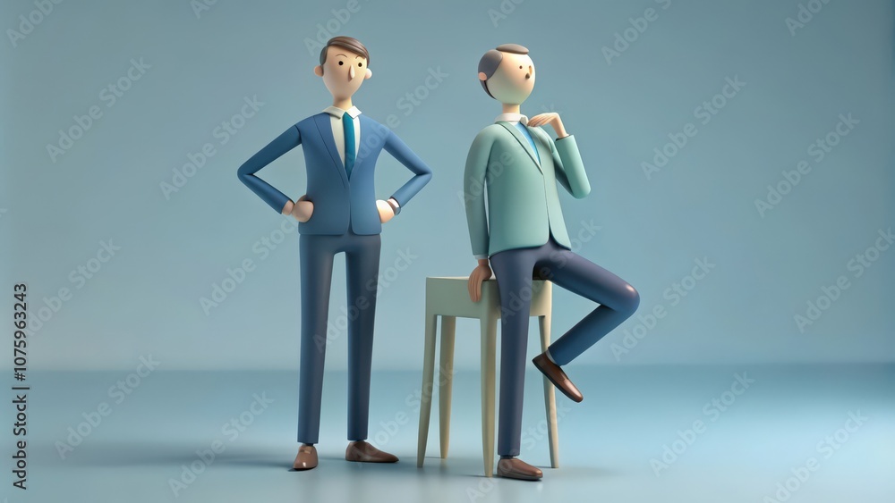 Two 3D Cartoon Men in Suits, One Standing and One Sitting on a Stool Two 3D Cartoon Men in Suits, One Standing and One Sitting on a Stool
