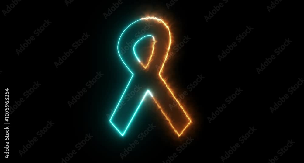 Neon yellow and fire awareness ribbon icon . Neon mourning ribbon stock animation. Slow motion breast cancer awareness symbol on Black Background. Neon yellow and fire awareness ribbon icon . Neon mourning ribbon stock animation. Slow motion breast cancer awareness symbol on Black Background.