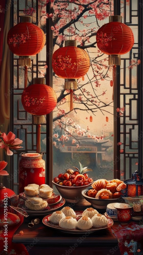 Celebrate the Chinese Lunar New Year with a vibrant scene filled with traditional decorations, such as red lanterns and intricate paper cuttings, alongside a festive feast of delicious dumplings Celebrate the Chinese Lunar New Year with a vibrant scene filled with traditional decorations, such as red lanterns and intricate paper cuttings, alongside a festive feast of delicious dumplings