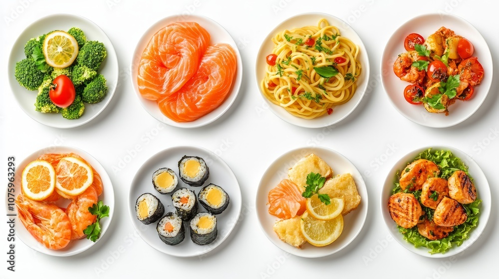 Six white plates with various healthy meals including salmon, shrimp, sushi, pasta, and vegetables. Six white plates with various healthy meals including salmon, shrimp, sushi, pasta, and vegetables.