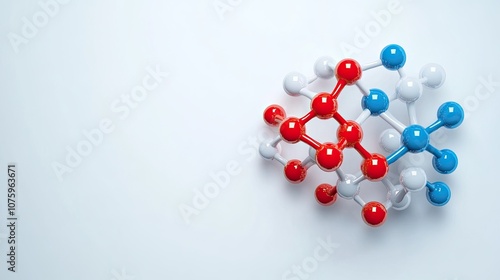 Colorful molecular structure with red, blue, and white spheres illustrating scientific concepts of chemistry, biology, and molecular interactions on a clean white background