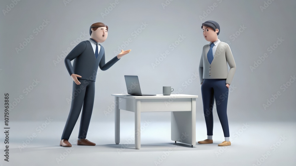 Two 3D Cartoon Businessmen Discussing Work at a Desk Two 3D Cartoon Businessmen Discussing Work at a Desk