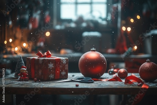 Worktable covered with partially wrapped toys, holiday ribbons, and scissors, softly lit workshop background, ample right-side copyspace, busy and warm atmosphere photo