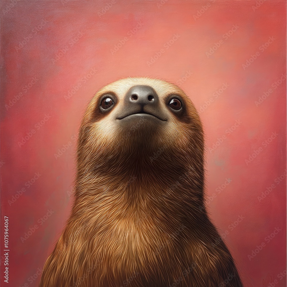 Obraz premium Charming Portrait of a Sloth Against a Vibrant Pink Background with Soft Lighting, Capturing the Animal's Unique Features and Expression in Detail