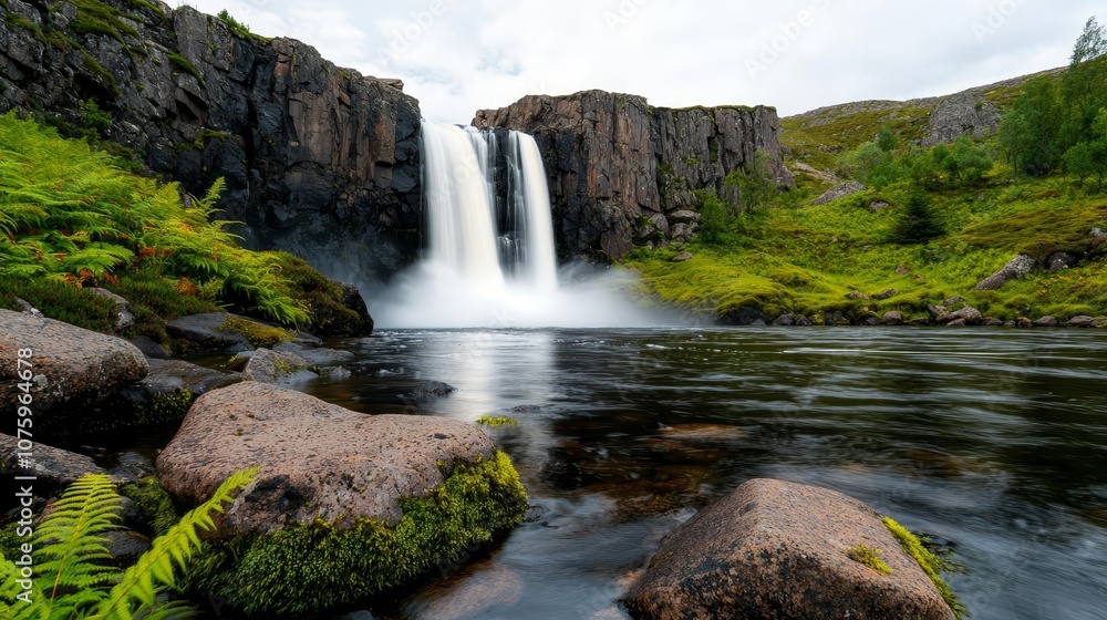 Fototapeta premium A stunning waterfall cascades into a serene pool, surrounded by lush greenery and rocky formations, creating a tranquil natural escape.