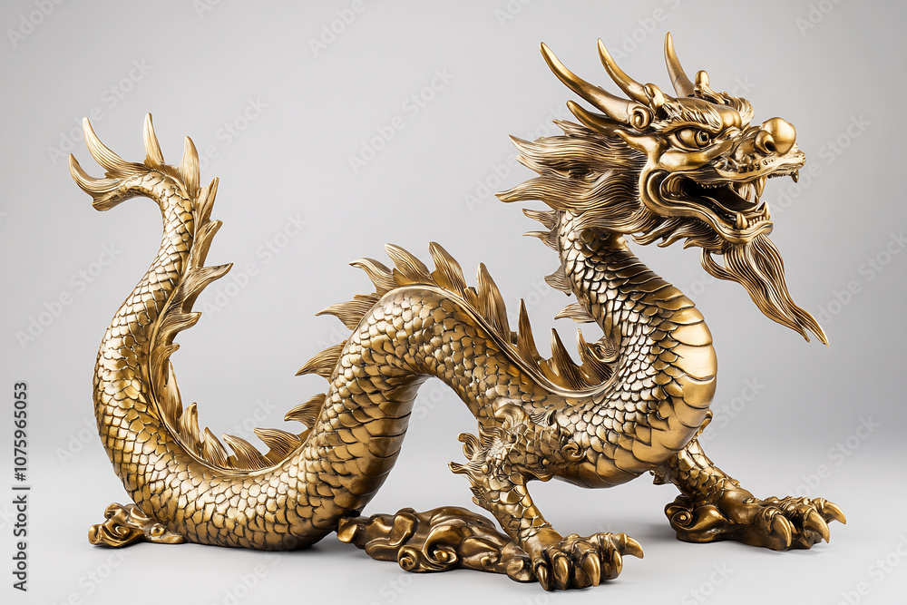 Obraz premium Ornate Golden Chinese Dragon Statue with Intricate Details, Symbolizing Power, Strength, and Good Fortune