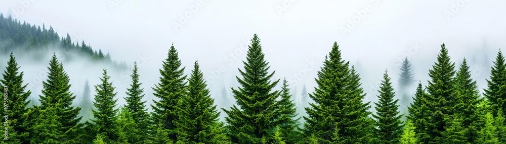Obraz premium Enchanting mist covering a dense pine forest, with tall trees disappearing into fog, creating a surreal and mysterious landscape in soft, neutral tones
