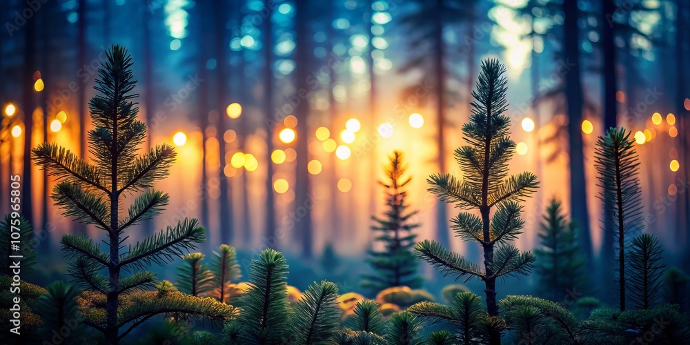 Fototapeta premium Tranquil Low Light Photography of Spruce Pine Trees in a Serene Forest Setting, Capturing Nature's Beauty at Dusk with Soft Shadows and Gentle Light