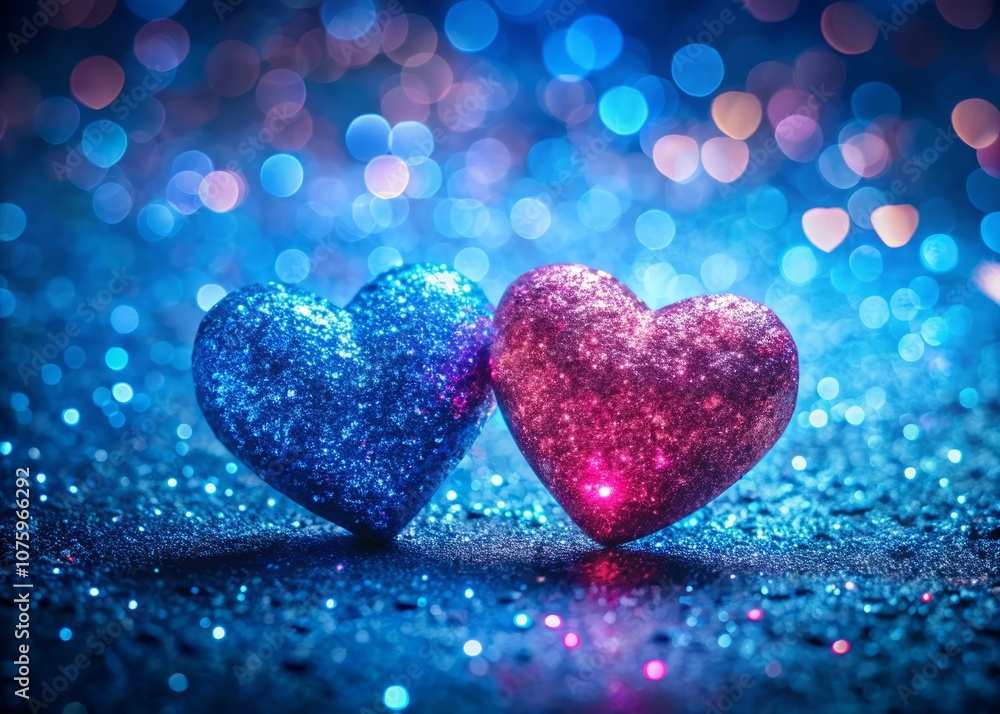 Fototapeta premium Two Glittery Hearts in Blue and Pink with Sparkling Background for Fashion Photography and Creative Art Projects