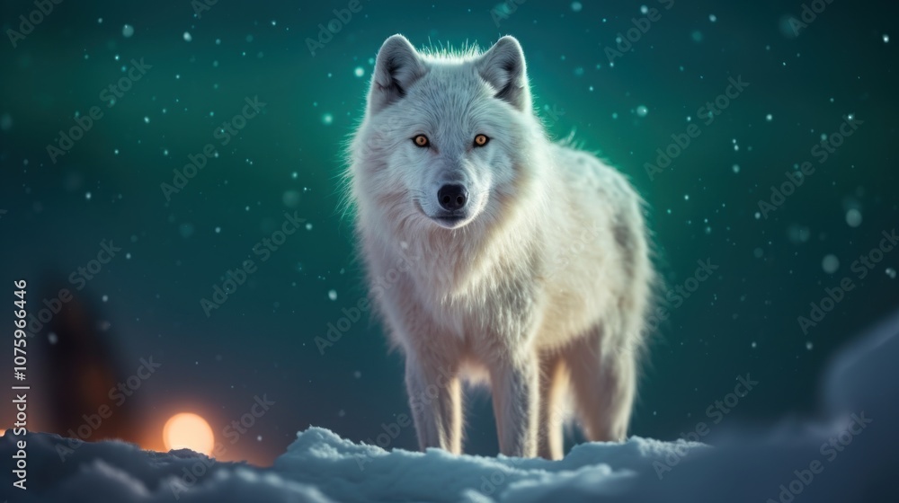 Obraz premium Arctic Wolf Under a Starry Night