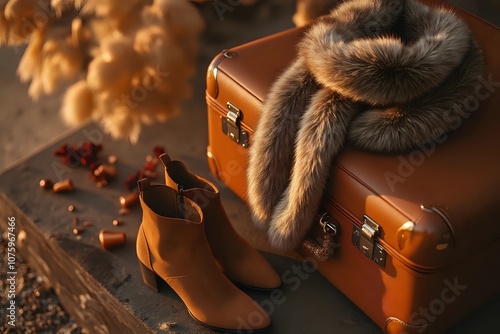 A woman’s winter travel essentials, including a sleek brown leather suitcase, a luxurious fur scarf, and a pair of elegant suede boots photo