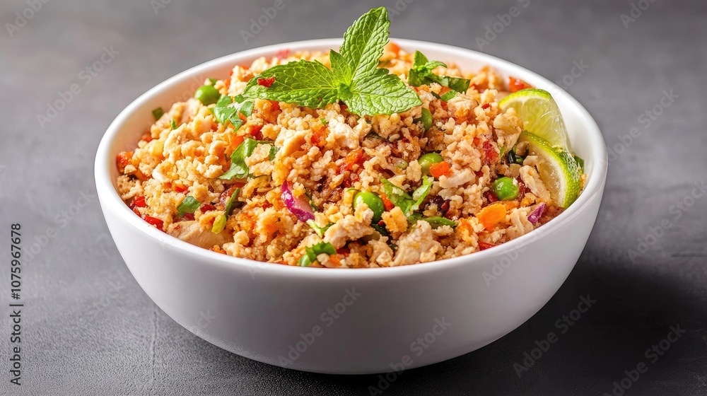 Colorful and Healthy Bowl of Cauliflower Rice Salad Garnished with Fresh Mint Leaves and Lime, Perfect for a Nutritious Meal or Side Dish Colorful and Healthy Bowl of Cauliflower Rice Salad Garnished with Fresh Mint Leaves and Lime, Perfect for a Nutritious Meal or Side Dish