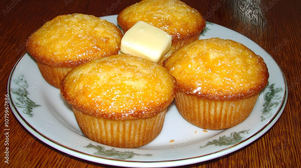 Golden cornbread muffins freshly baked, arranged on a plate with a dollop of butter melting on top, 8K Golden cornbread muffins freshly baked, arranged on a plate with a dollop of butter melting on top, 8K
