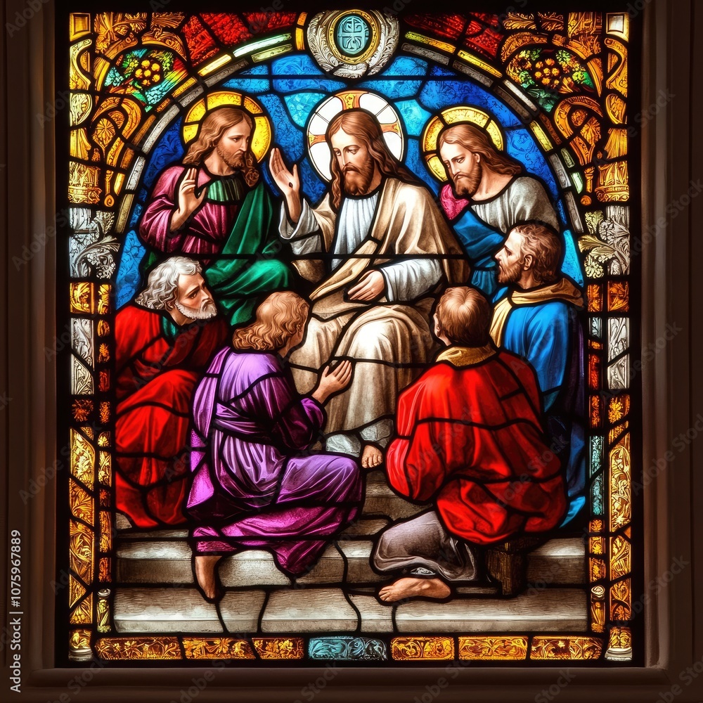 Colorful Stained Glass Window Depicting Jesus Teaching His Disciples in a Sacred Setting with Vibrant Hues and Intricate Details Colorful Stained Glass Window Depicting Jesus Teaching His Disciples in a Sacred Setting with Vibrant Hues and Intricate Details