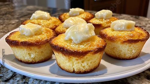 Wallpaper Mural Golden cornbread muffins freshly baked, arranged on a plate with a dollop of butter melting on top, 8K Torontodigital.ca