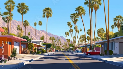 A neighborhood street in Palm Springs with colorful houses and tall, thin palm trees reaching into a cloudless sky.
