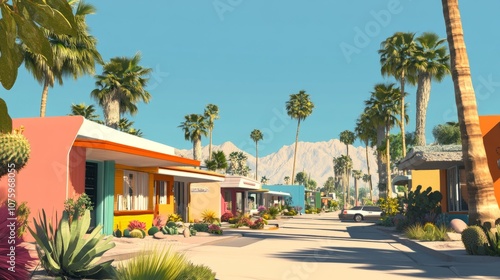 A Palm Springs street view showing retro houses in pastel colors, surrounded by palm trees and cacti. Sunlit with clear skies