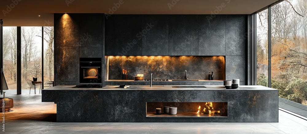 Modern Kitchen with a Fireplace Modern Kitchen with a Fireplace