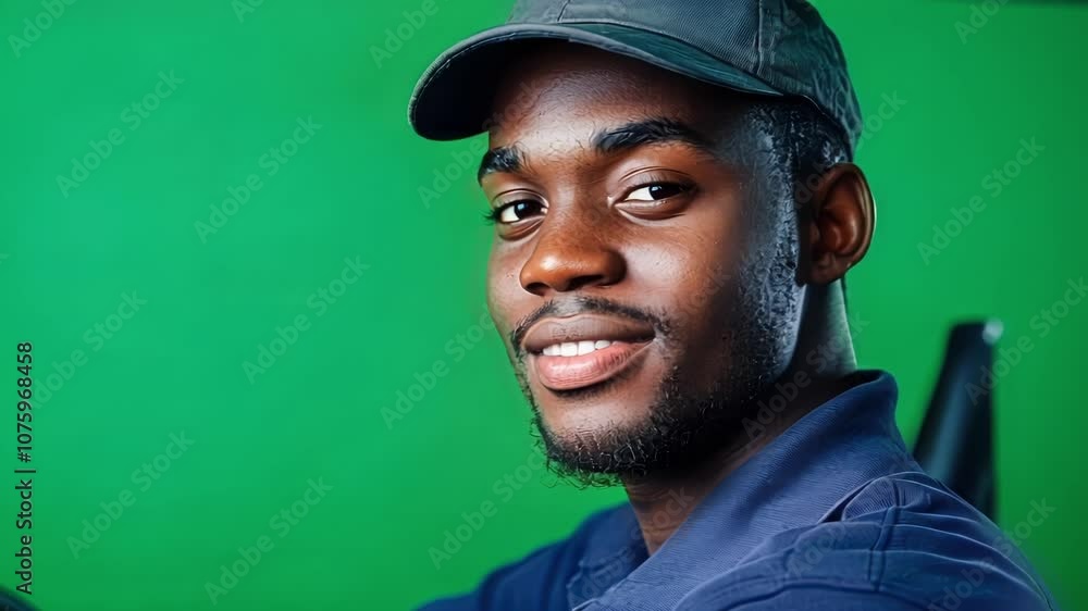 Young adult delivery man is looking over his shoulder while sitting in the driver's seat with a green screen in the background Young adult delivery man is looking over his shoulder while sitting in the driver's seat with a green screen in the background