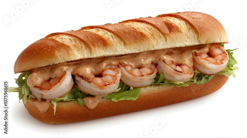 Shrimp po'boy sandwich with lettuce, tomatoes, and spicy remoulade on a toasted baguette, 8K photo