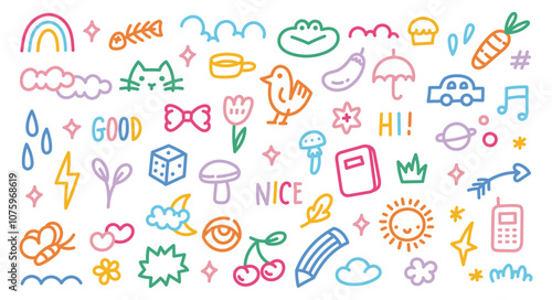Colorful Hand-Drawn Doodle Icons | Fun and Random Line Art Collection of Everyday Objects and Symbols | Vector Set for Kids, Lifestyle, and Creative Design Projects