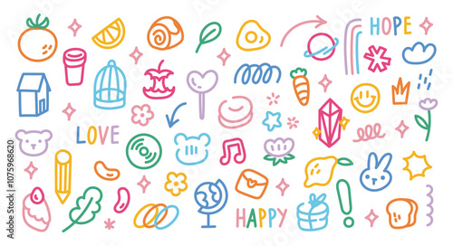 Colorful Hand-Drawn Doodle Icons | Fun and Random Line Art Collection of Everyday Objects and Symbols | Vector Set for Kids, Lifestyle, and Creative Design Projects