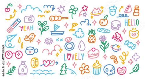 Colorful Hand-Drawn Doodle Icons | Fun and Random Line Art Collection of Everyday Objects and Symbols | Vector Set for Kids, Lifestyle, and Creative Design Projects