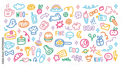 Colorful Hand-Drawn Doodle Icons | Fun and Random Line Art Collection of Everyday Objects and Symbols | Vector Set for Kids, Lifestyle, and Creative Design Projects
