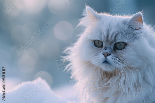 A majestic white Persian cat with striking gray eyes sits gracefully in the snow, surrounded by a soft, dreamy winter backdrop. photo