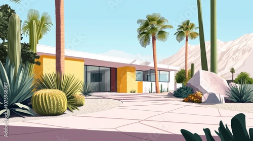 Iconic retro-style Palm Springs house featuring pastel hues, cacti, and palm trees under the bright desert sun.